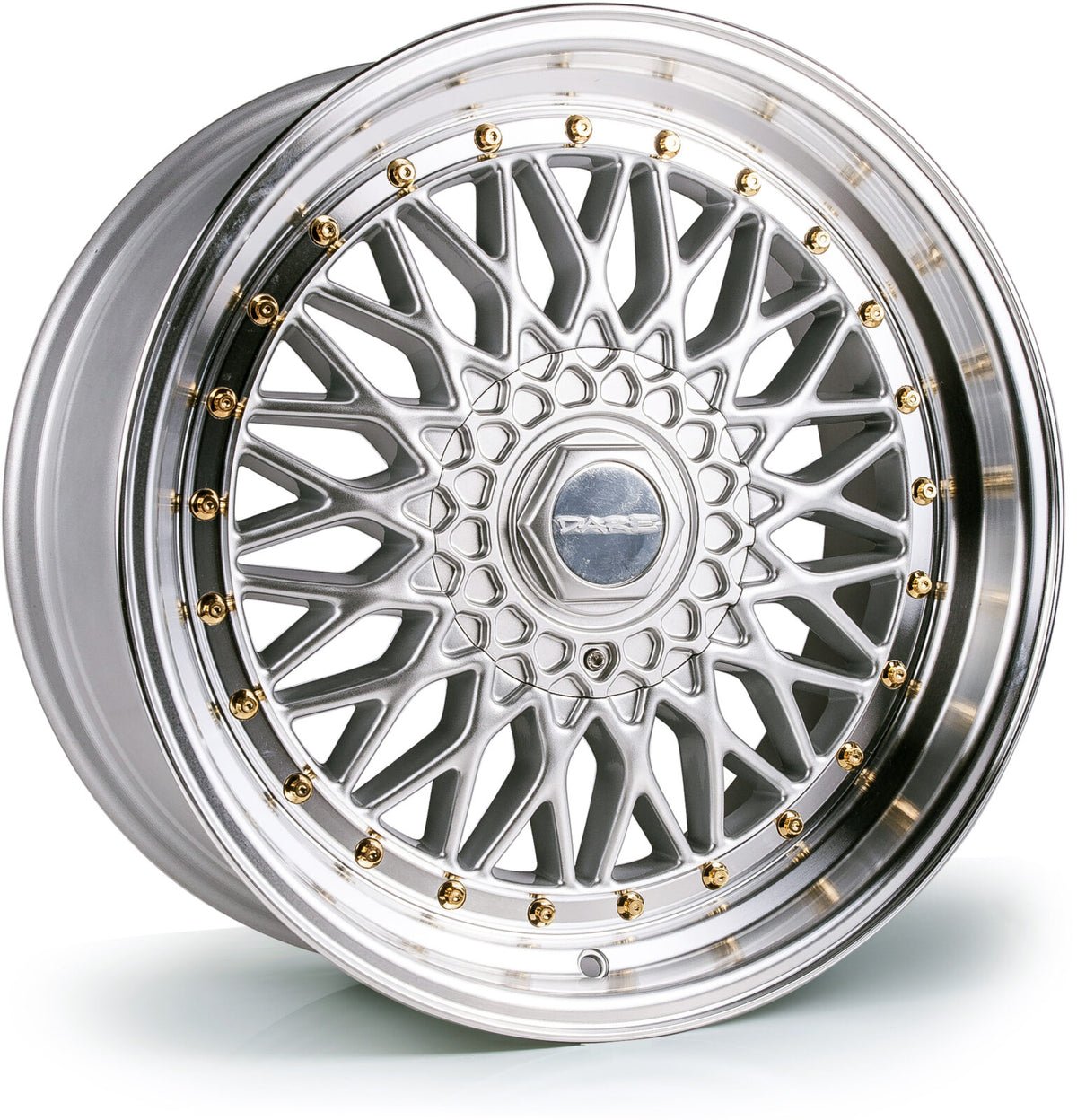 dare-rs-silver-gold-polished-lip-gold-rivets_3f7f7b0b-0469-4c01-9d82-69c6d91c8ac5.jpg Dare DRRS 18x9.5 ET42 5x112/5x120 Silver Polished / Gold Rivets - Image 1
